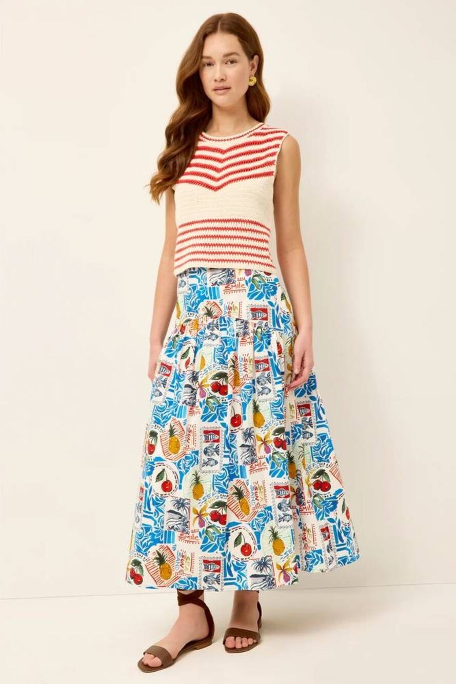Marie Oliver Vicki Drop Waist Midi Skirt Postcard Print 6 NWT Coastal Resort